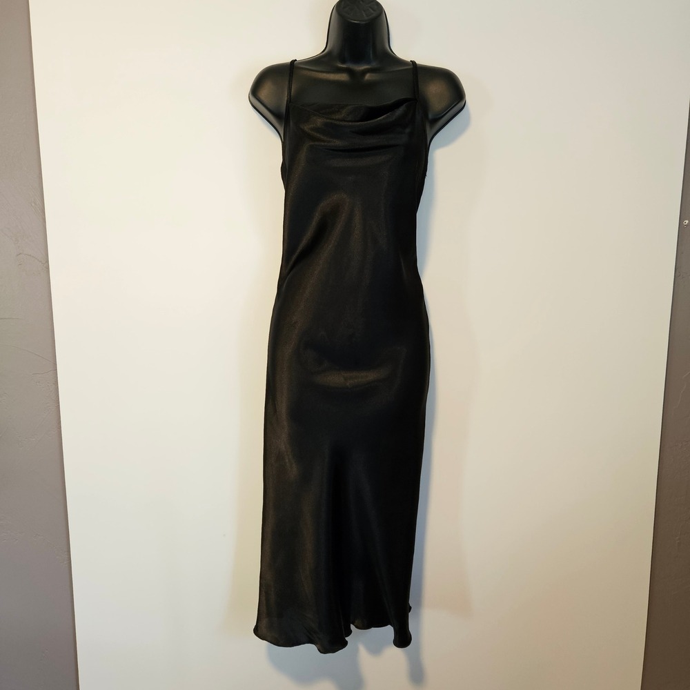 Vintage Bebe Cowl Neck Midi Slip Dress Small Black Satin Y2K 90s Dark Fairy